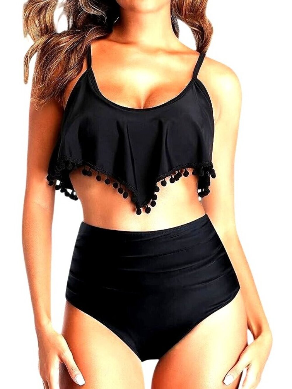 Bikini Top Black with Flounce Top & Pom-Pom Trim Women